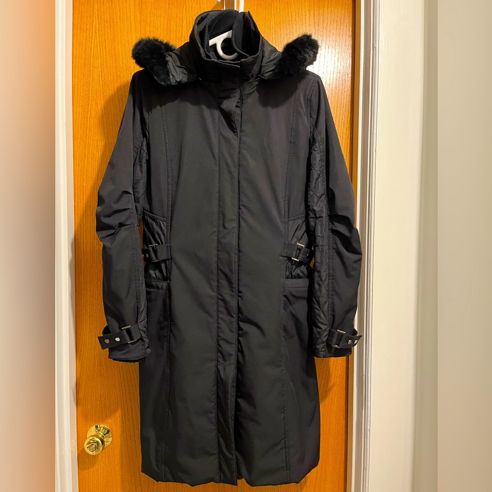 Tahari Black Trench Coat with Hood and Full-Length Design